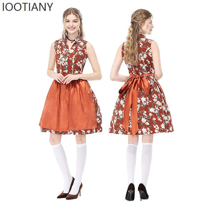 Women's dirndl mini dress with floral pattern, sleeveless blouse, and apron