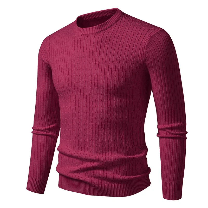 Men's knitted crew-neck cable-knit long-sleeve sweater