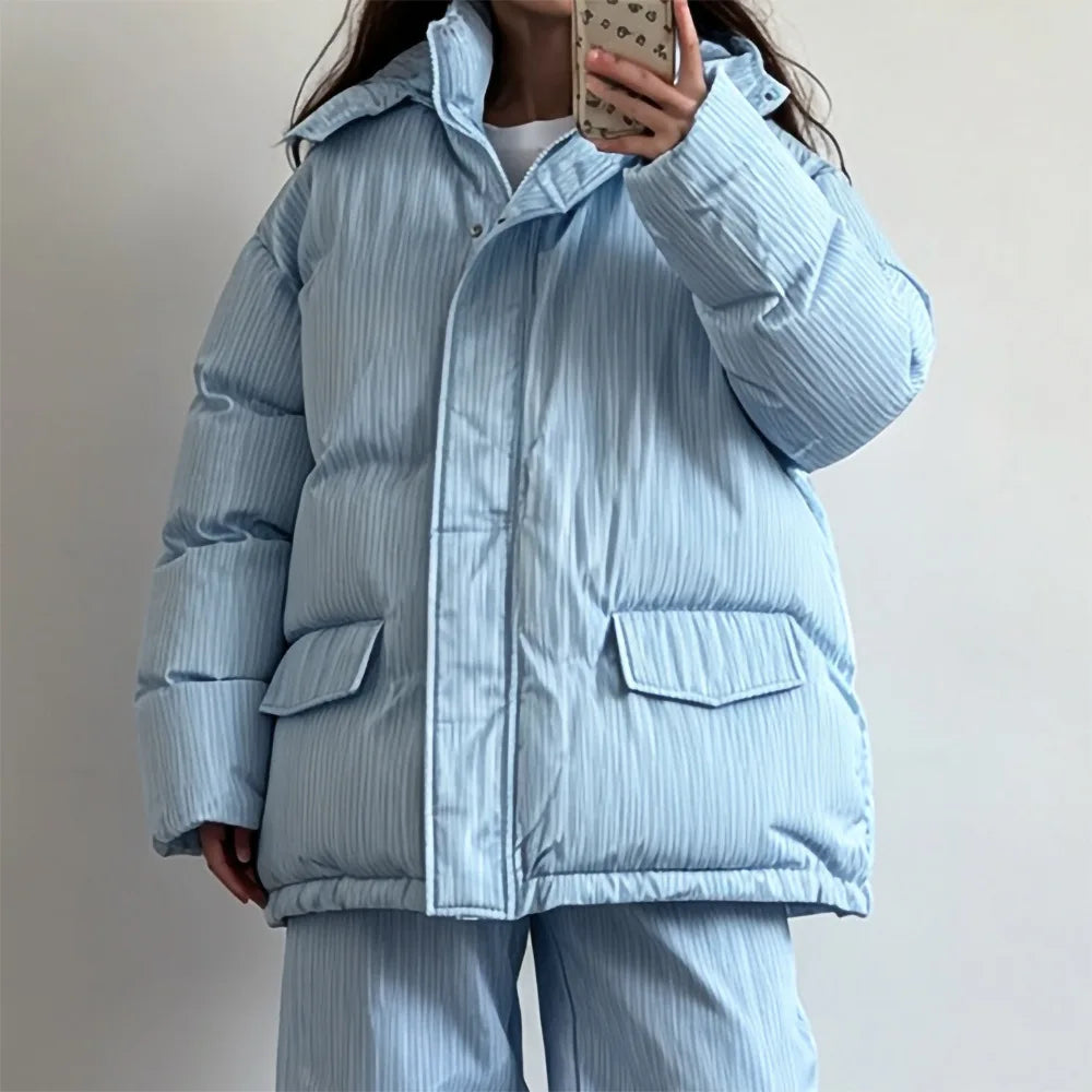 Striped quilted jacket with hood and matching trousers