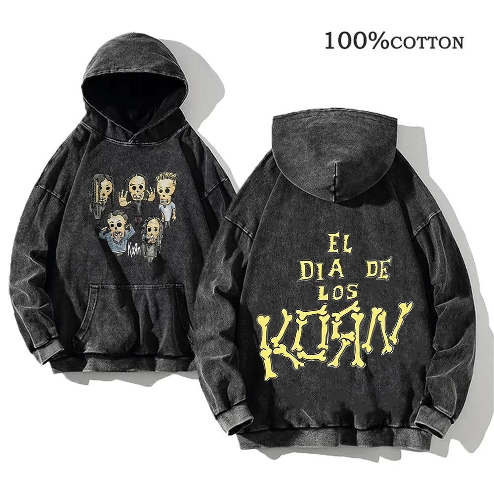 Hoodie Schwarz Grau Washed Oversize mit Band-Print Vorn & Hinten