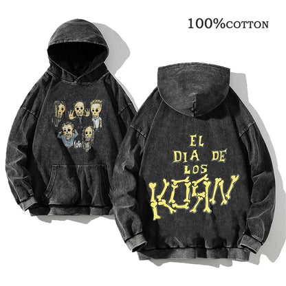 Hoodie Schwarz Grau Washed Oversize mit Band-Print Vorn & Hinten