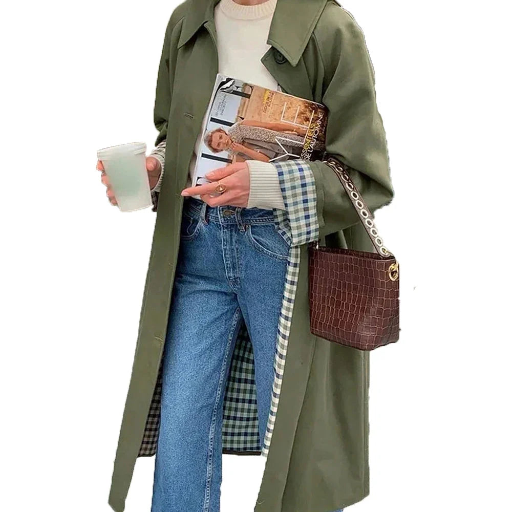 Women's Long Trench Coat, Transitional Jacket, Checked Lining