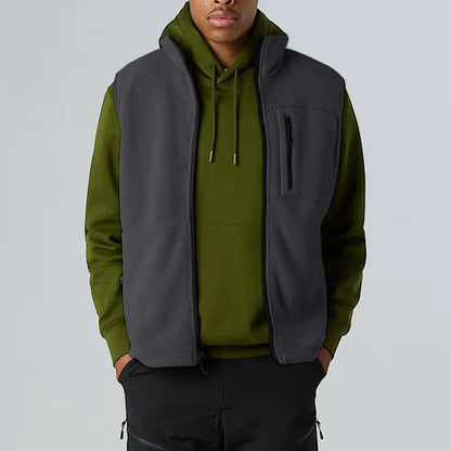 Unisex fleece vest with stand-up collar, zipper, and chest pocket