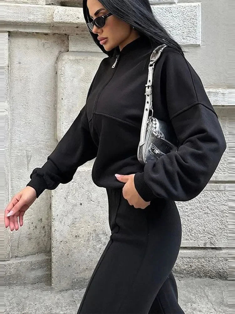Women's Oversize Casual Suit Two-Piece with Wide Pants and Zipper Jacket – Casual Streetwear Look