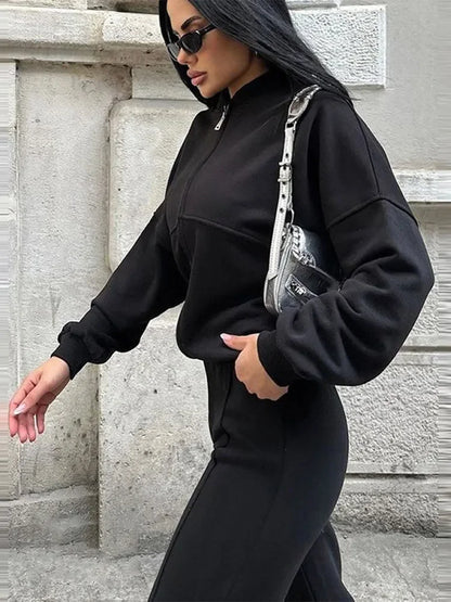 Women's Oversize Casual Suit Two-Piece with Wide Pants and Zipper Jacket – Casual Streetwear Look