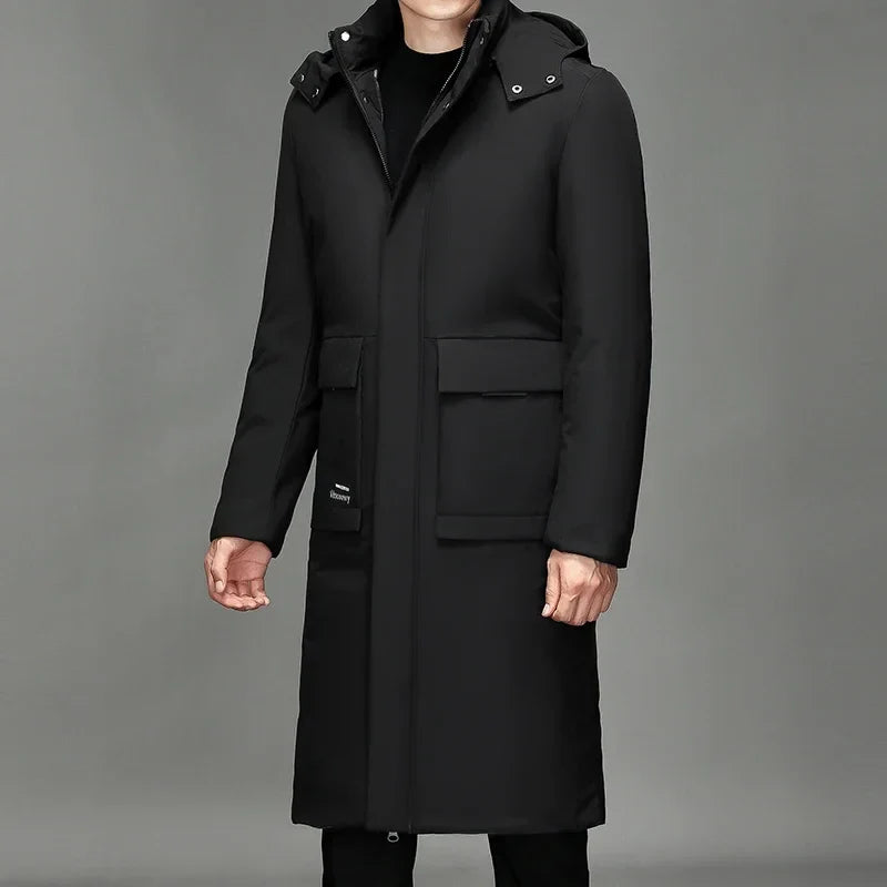 Men's winter parka with hood, long cut, black