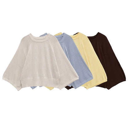 Women's Oversized Batwing-Sleeve Crew Neck Knit Sweater Cream