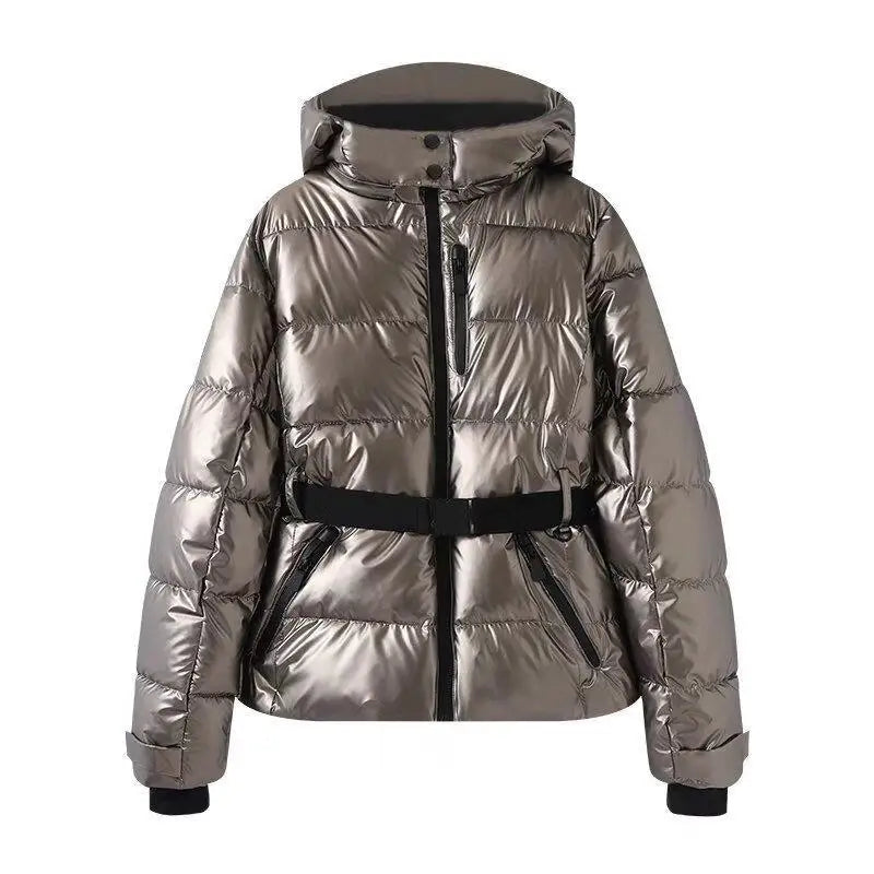 Gesteppte Damen Winterjacke mit Kapuze und Gürtel
