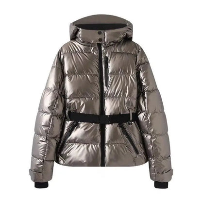 Gesteppte Damen Winterjacke mit Kapuze und Gürtel