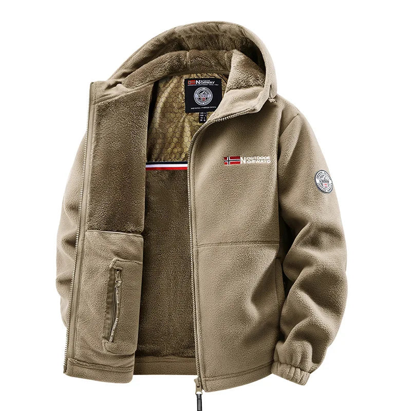 Men's lined fleece jacket with hood and zip closure