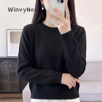 Women's Light Blue Fine-Knit Crew-Neck Long-Sleeve Sweater