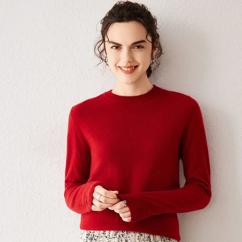 Women's crew-neck long-sleeve basic knitted sweater, cozy pullover