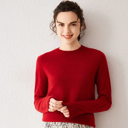 Women's crew-neck long-sleeve basic knitted sweater, cozy pullover