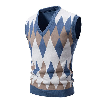 Men's Argyle knitted vest V-neck sleeveless pullover vest