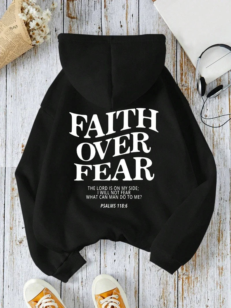 Hoodie with "Faith Over Fear" lettering and Bible quote, oversized hoodie