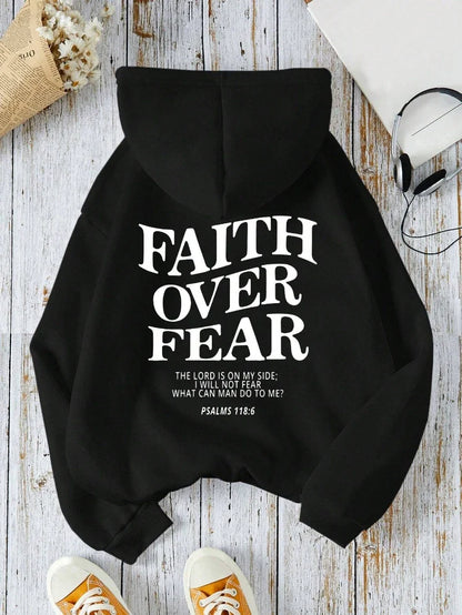 Hoodie with "Faith Over Fear" lettering and Bible quote, oversized hoodie