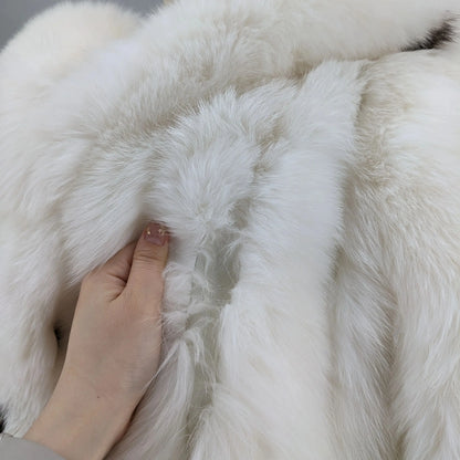 Women's luxurious white coat with hood and dark accents