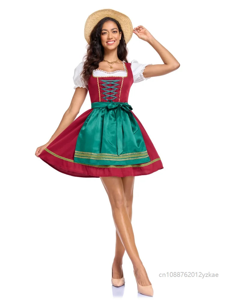 Damen Dirndl Minikleid Rot Grün mit Schnürung Schürze