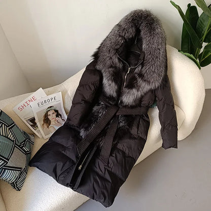 Damen Daunenmantel mit Pelzkapuze und Bindegürtel, gepolstert, lange Winterjacke