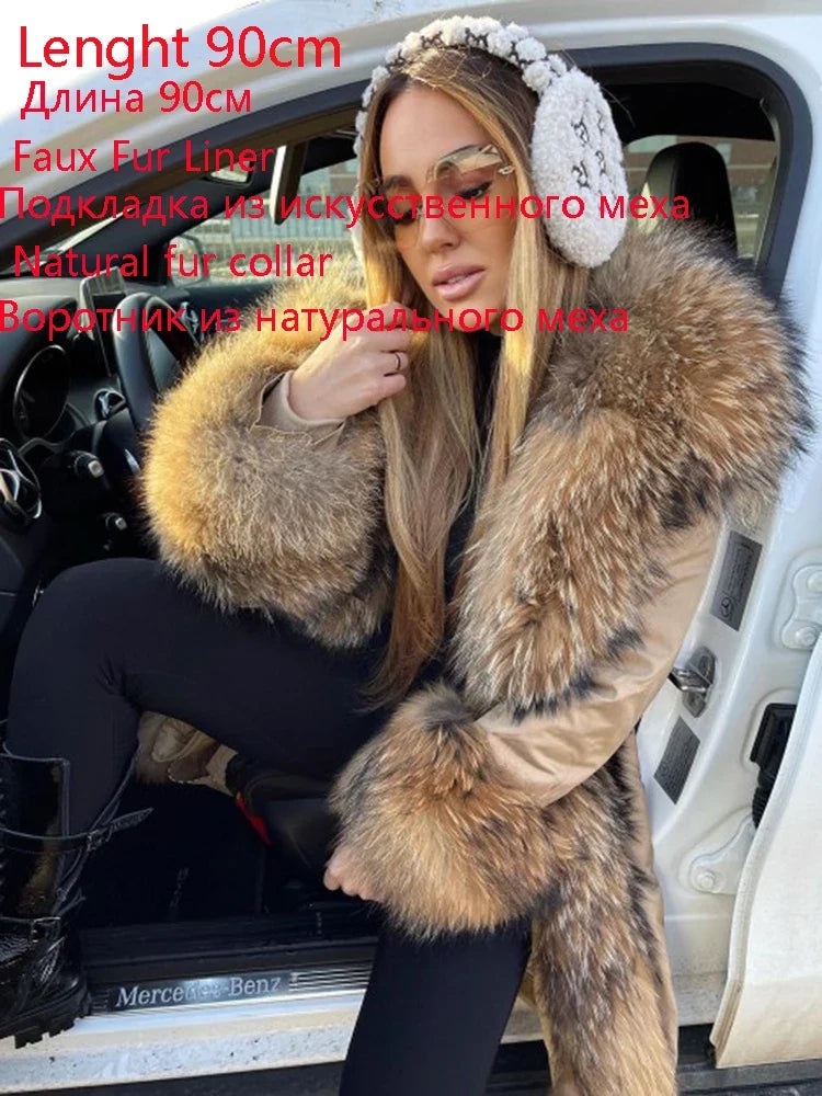 Long winter parka coat with hood and fur trim for women