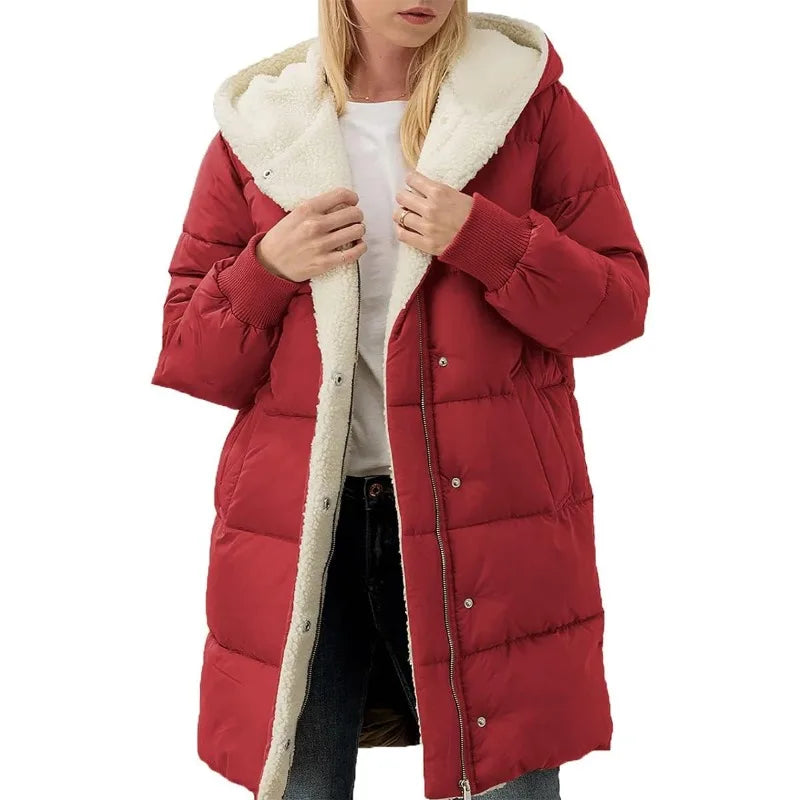 Damen Winter Steppmantel mit Kapuze & Teddyfutter Lang
