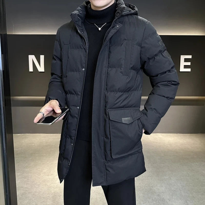 Herren Steppjacke lang mit Kapuze Winter Warm gefüttert - Schwarz, Blau, Oliv