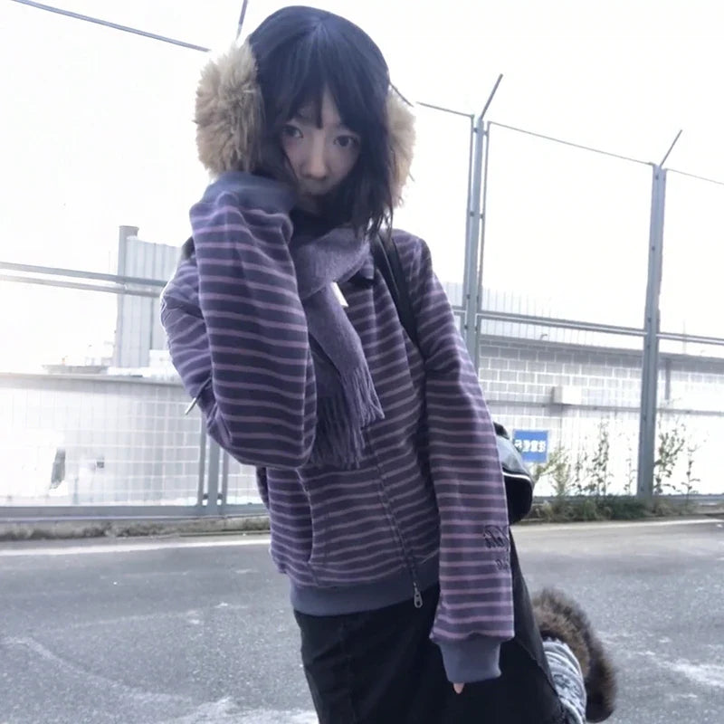 Women's striped zip-up hoodie with long sleeves and hood, lilac-gray mélange