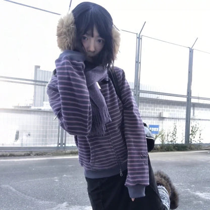 Women's striped zip-up hoodie with long sleeves and hood, lilac-gray mélange
