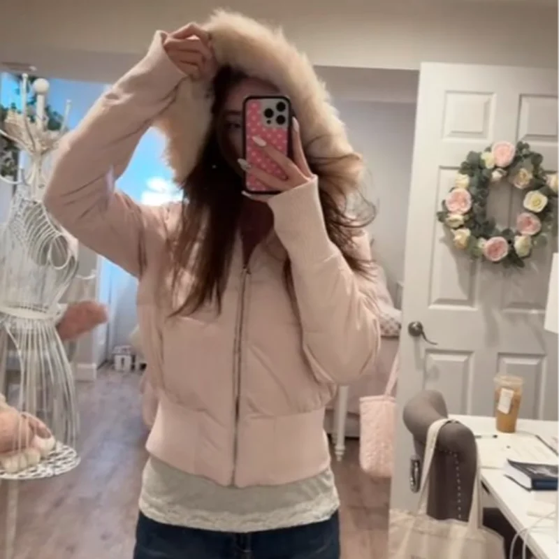 Women's bomber jacket with hood and faux fur collar, brown