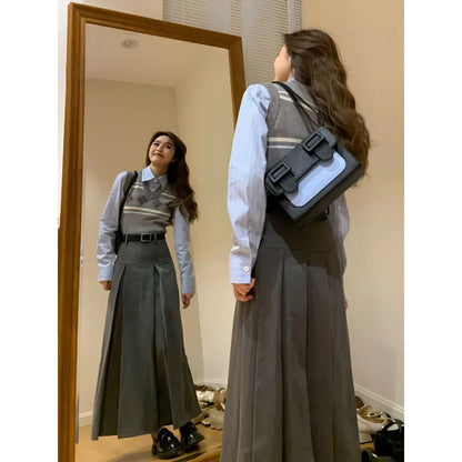 Women's gray midi pleated skirt with argyle knitted vest and shirt set