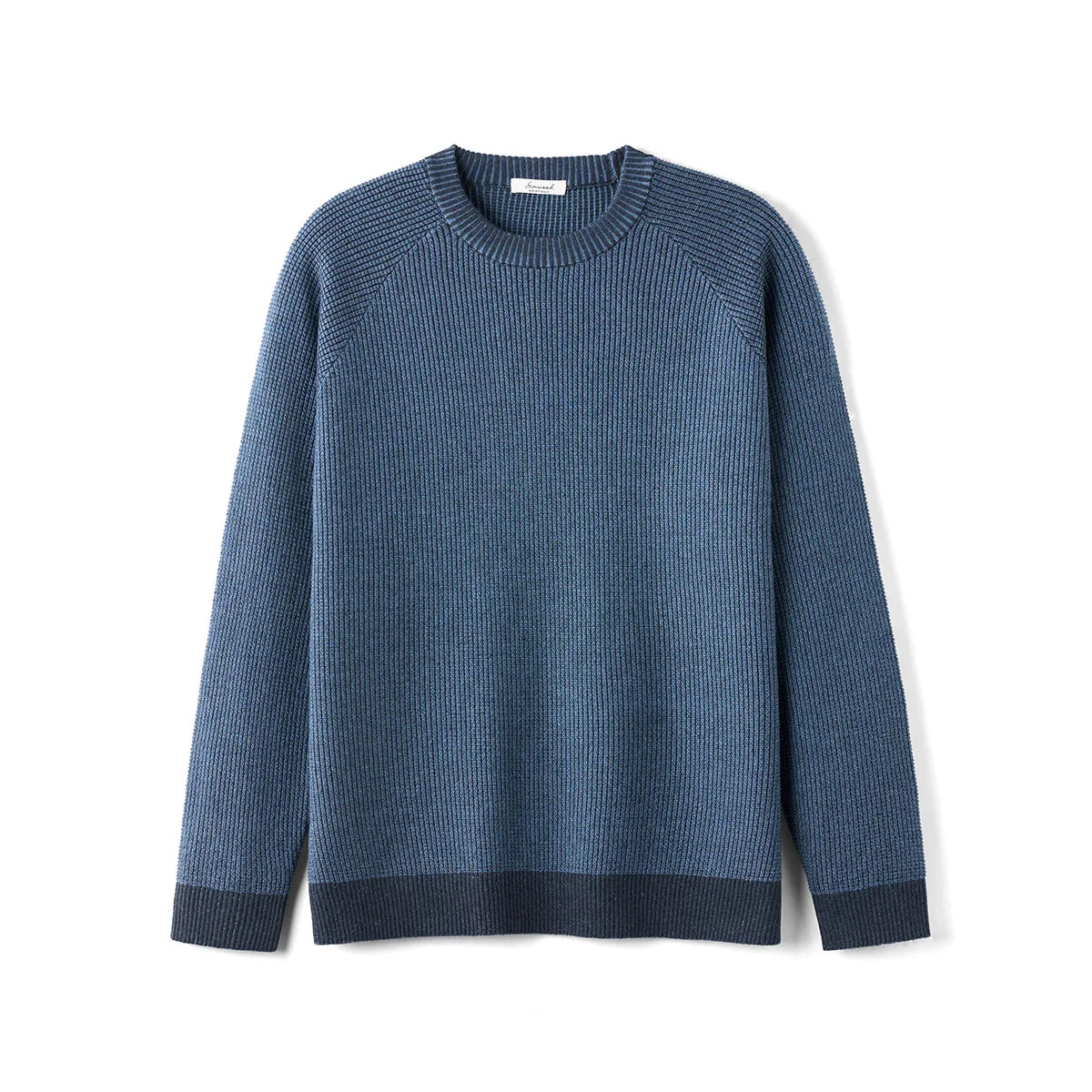 Men's blue ribbed crew-neck knit sweater, long sleeves