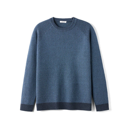 Men's blue ribbed crew-neck knit sweater, long sleeves