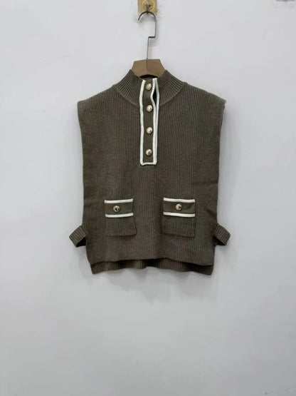 Women's ribbed olive green knitted vest with stand-up collar and decorative buttons