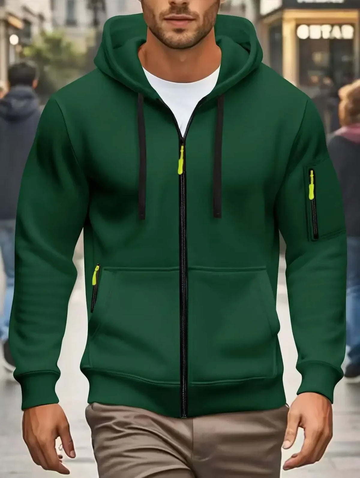 Men's zip-up hoodie with pockets, olive green