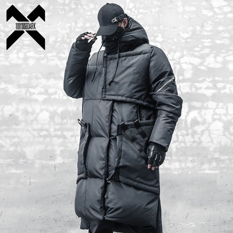 Unisex Langer Steppmantel Schwarz mit Kapuze