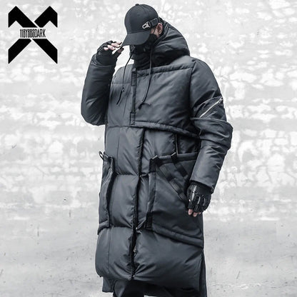 Unisex Langer Steppmantel Schwarz mit Kapuze