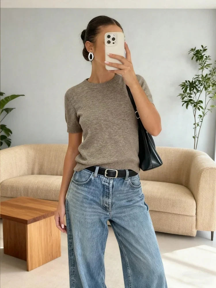 Women's beige short-sleeve knit top, crew neck, sweater