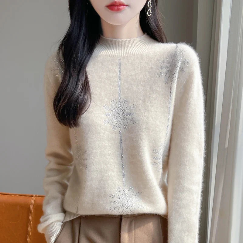 Women's sweater with stand-up collar and glitter snowflake pattern