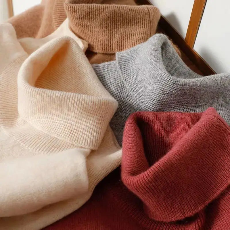 Women's long-sleeved turtleneck knitted sweater, warm, solid color