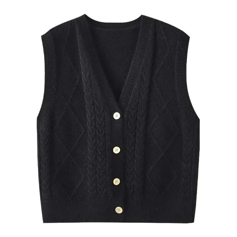 Women's Knit Vest with V-Neck, Cable and Diamond Pattern, Black