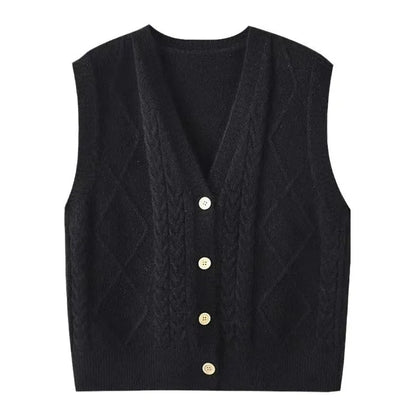 Women's Knit Vest with V-Neck, Cable and Diamond Pattern, Black