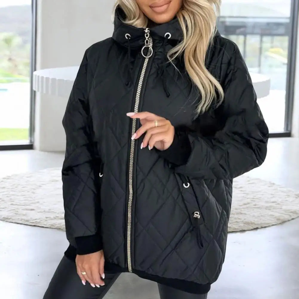 Women's quilted jacket with hood, zipper, and stand collar