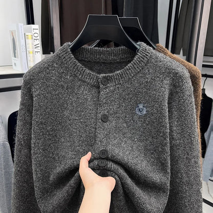 Men's crew-neck cardigan with button placket and emblem, gray/brown