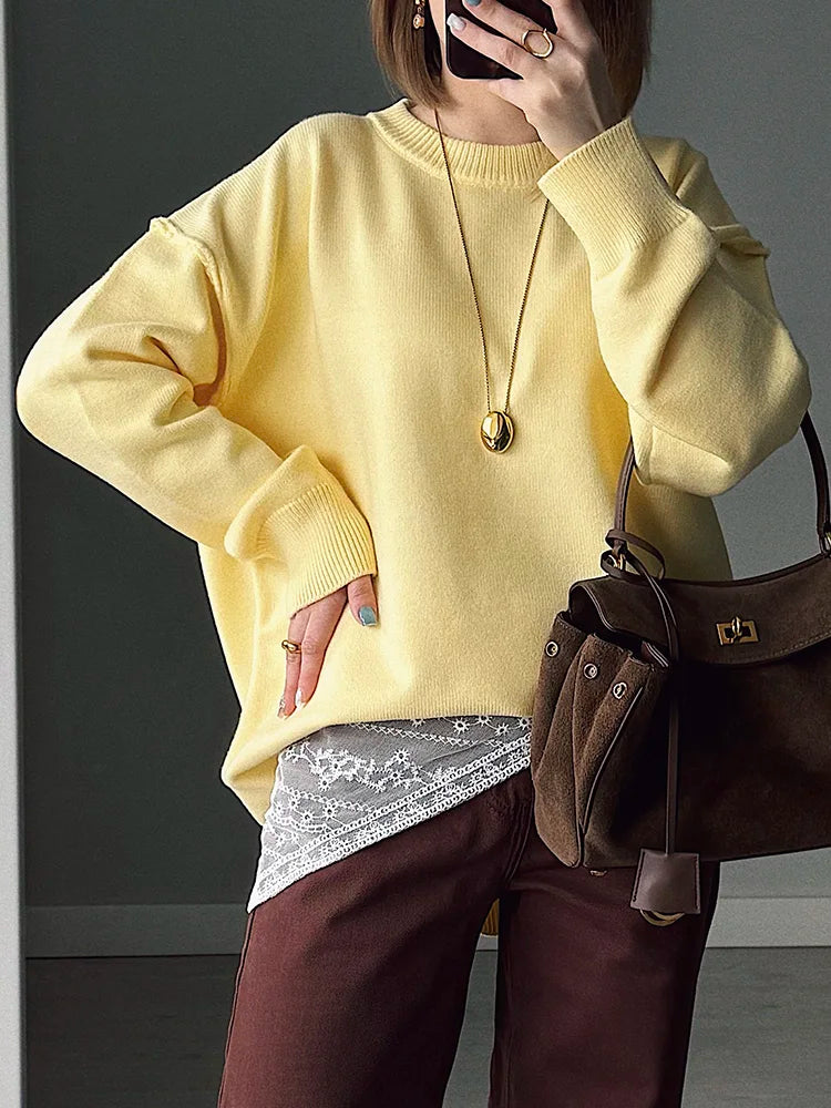 Women's Soft Oversized Crew Neck Long-Sleeve Knit Sweater Yellow