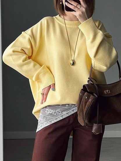 Women's Soft Oversized Crew Neck Long-Sleeve Knit Sweater Yellow