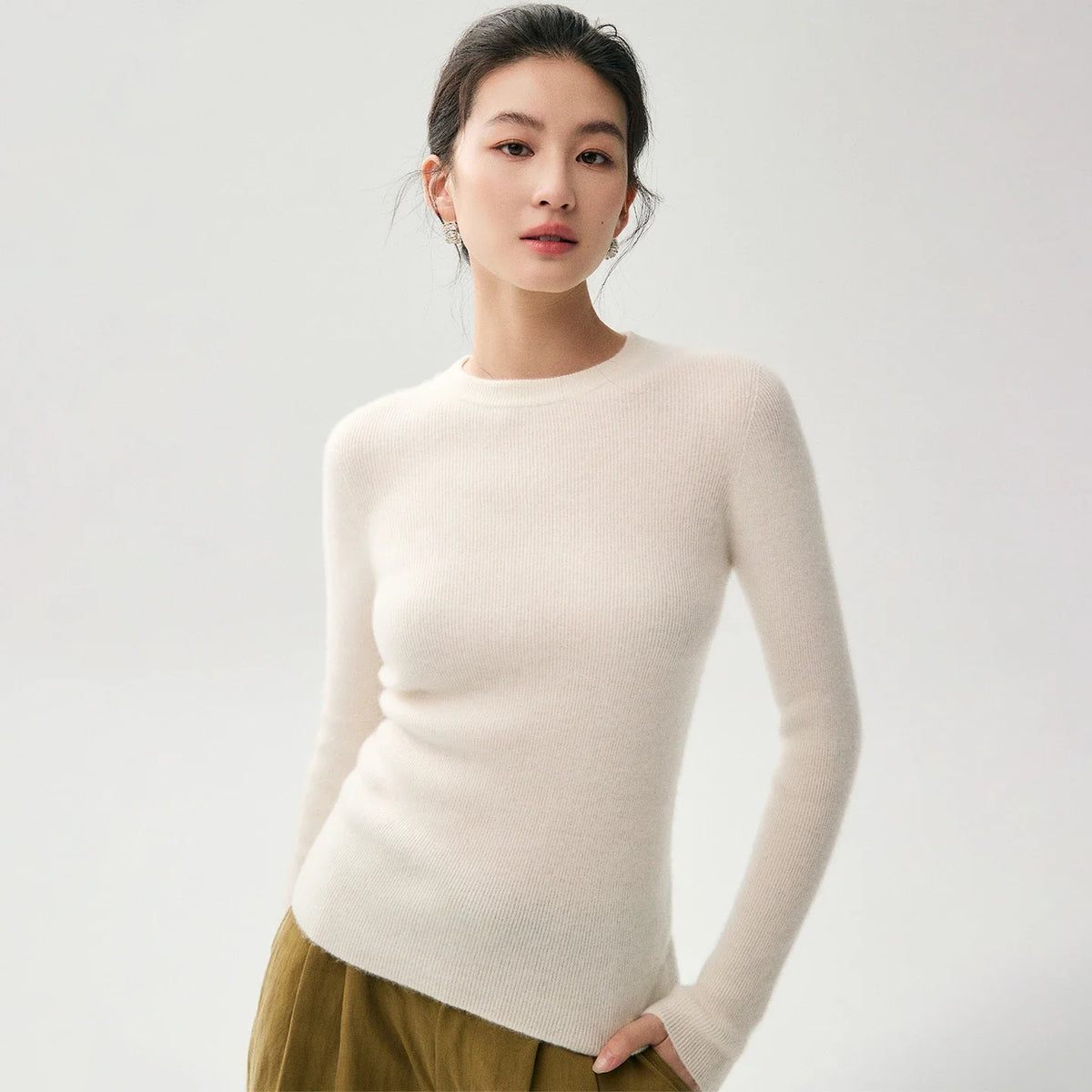 Damen Pullover Rundhals Langarm Gerippter Saum in verschiedenen Farben