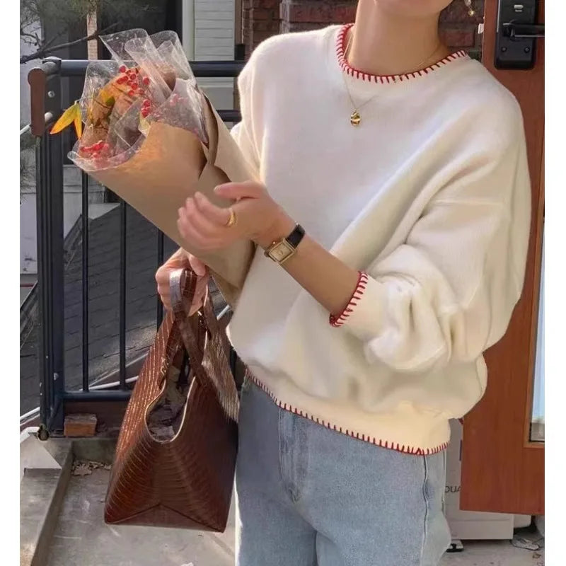 Women's Knit Sweater with Contrasting Trim - Crewneck Long-Sleeve
