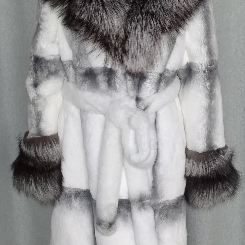 Women's coat with hood and faux fur trim, gray-white