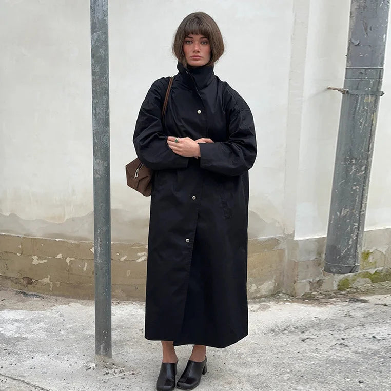 Women's long transitional trench coat with stand collar and puff sleeves