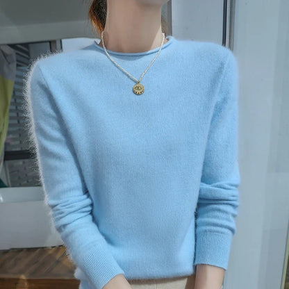 Women's Fuzzy Pink Crew-Neck Long-Sleeve Sweater